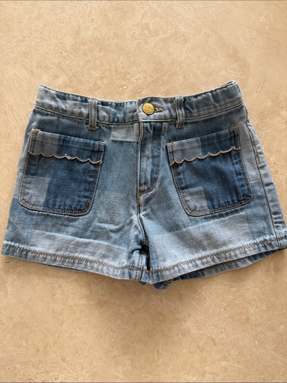 Zara Light Blue Patchwork scalloped Pocket Denim Shorts size 8 girls like Chloe!
